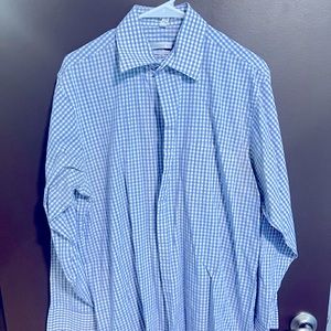 Geoffrey Beene 16 34/35 Blue Checkered Button Down Dress Shirt